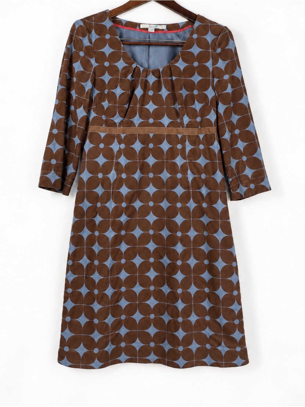 Boden Corduroy Dress 8 Brown Blue Geometric Floral Mod Twee 3/4 Sleeve